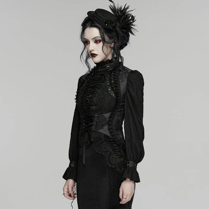 Schwarze gotische Jacquard-Weste für Damen mit Schnürung und Stickerei