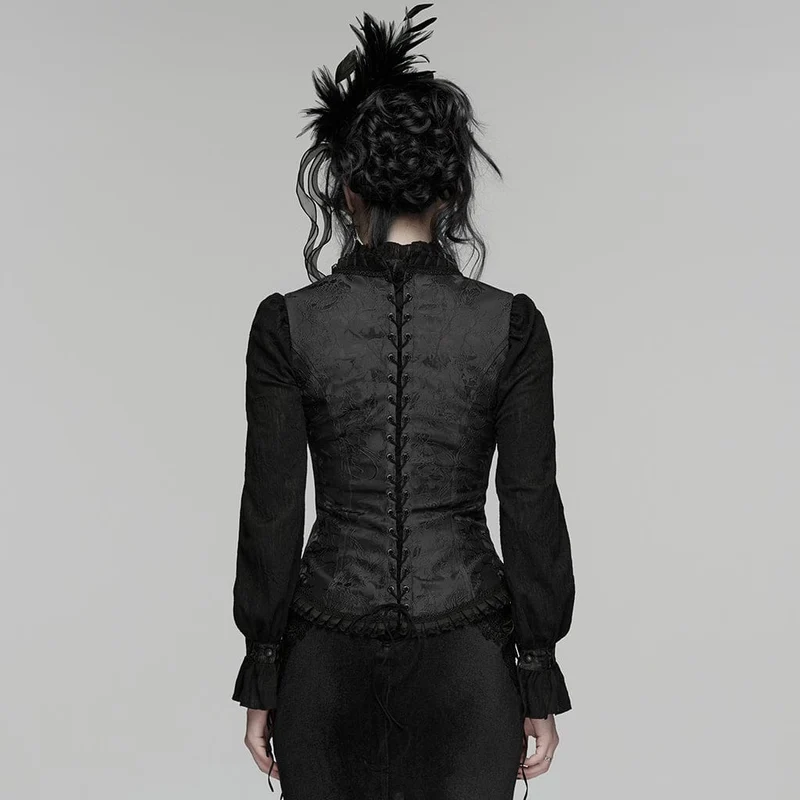 Schwarze gotische Jacquard-Weste für Damen mit Schnürung und Stickerei