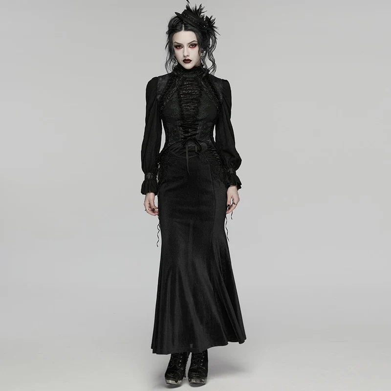 Schwarze gotische Jacquard-Weste für Damen mit Schnürung und Stickerei