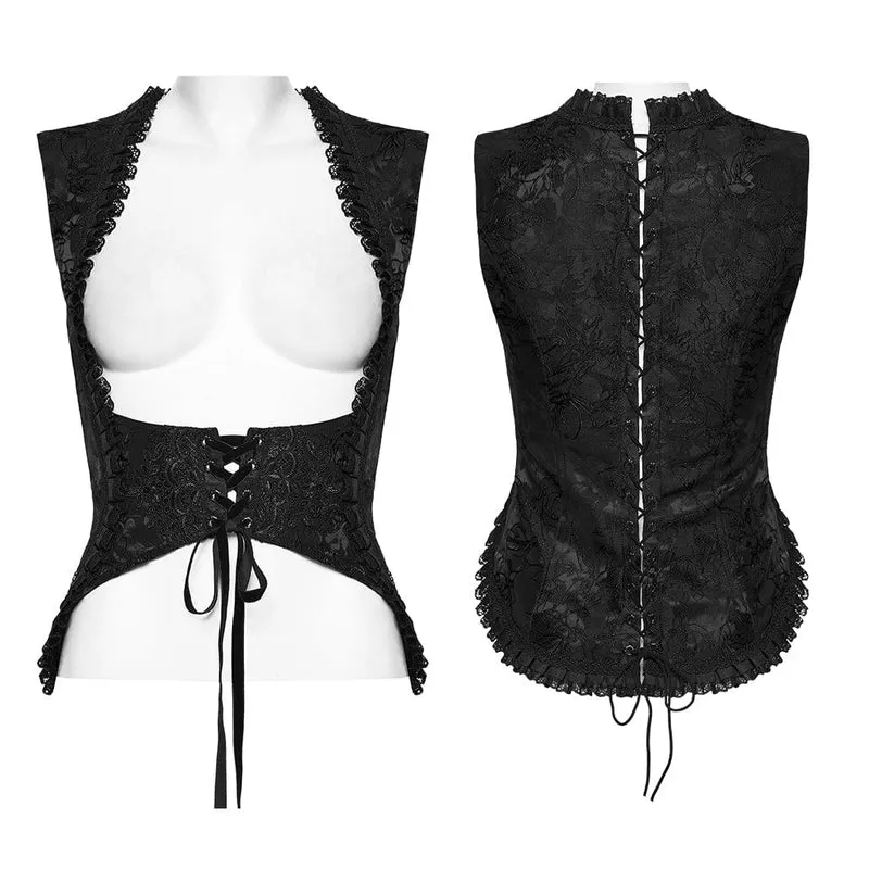 Schwarze gotische Jacquard-Weste für Damen mit Schnürung und Stickerei
