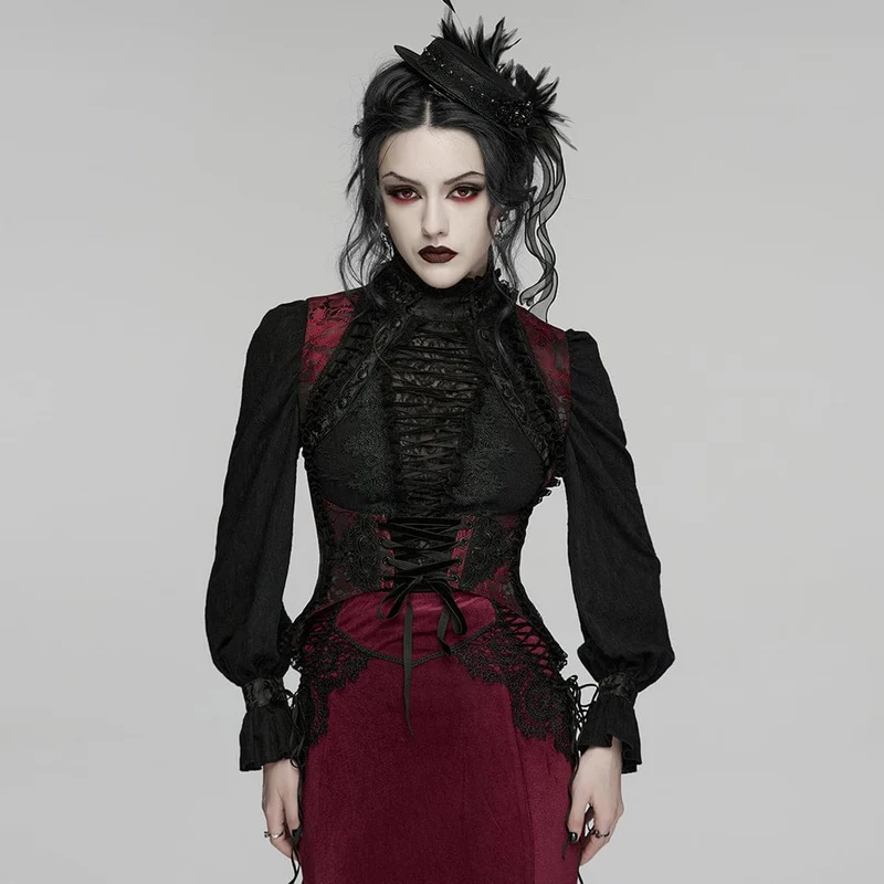 Gothic-bestickte Jacquard-Schnürweste für Damen, Schwarz-Rot