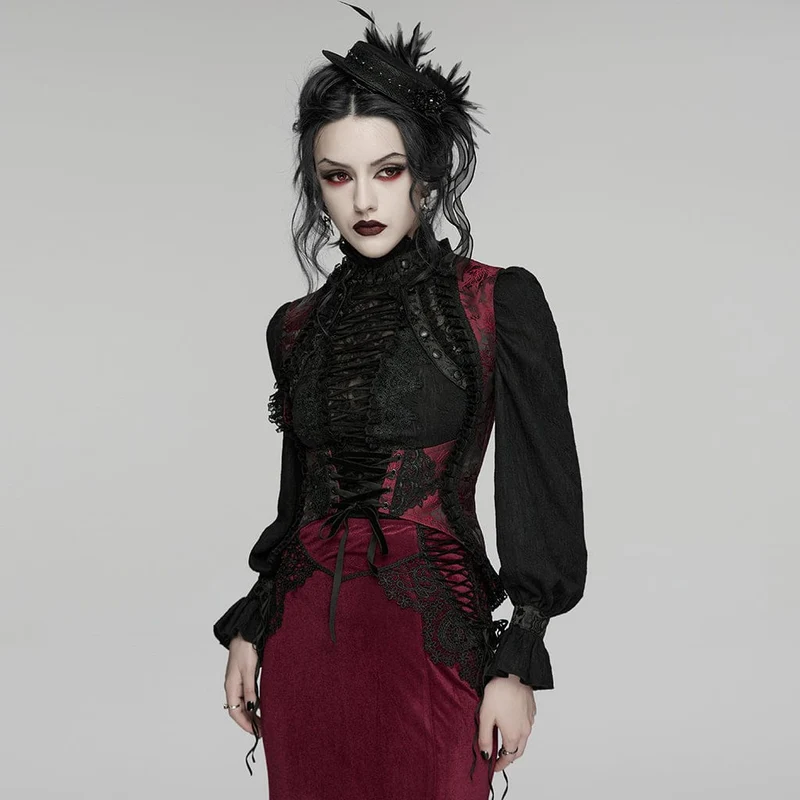 Gothic-bestickte Jacquard-Schnürweste für Damen, Schwarz-Rot