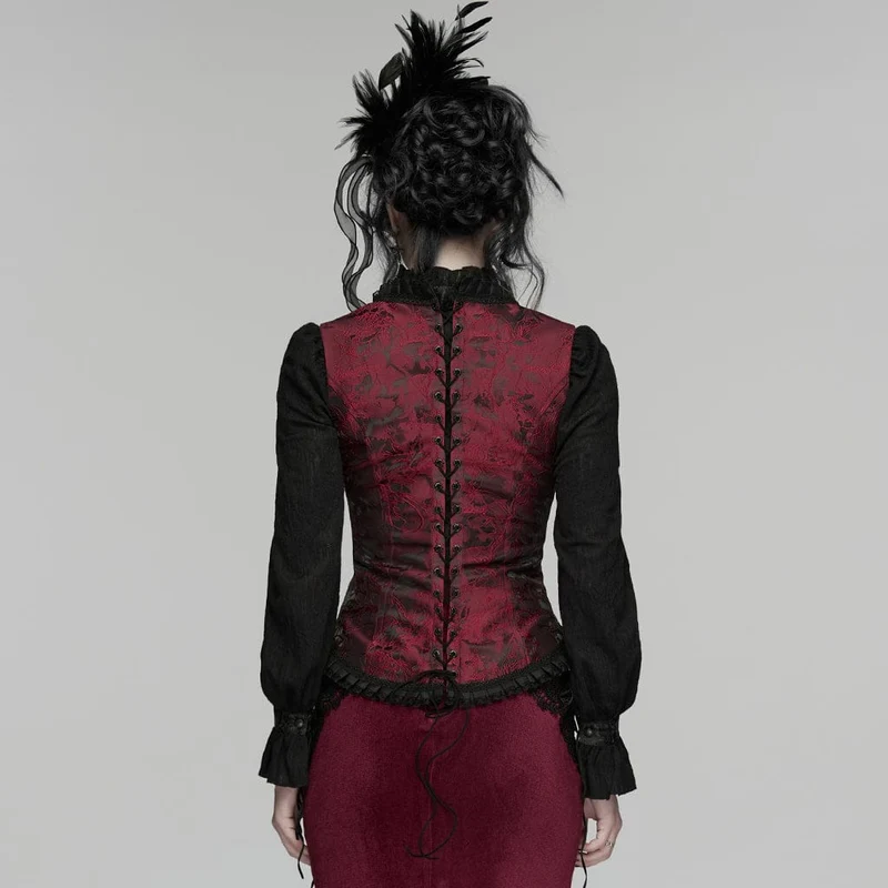 Gothic-bestickte Jacquard-Schnürweste für Damen, Schwarz-Rot