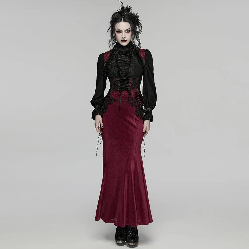 Gothic-bestickte Jacquard-Schnürweste für Damen, Schwarz-Rot