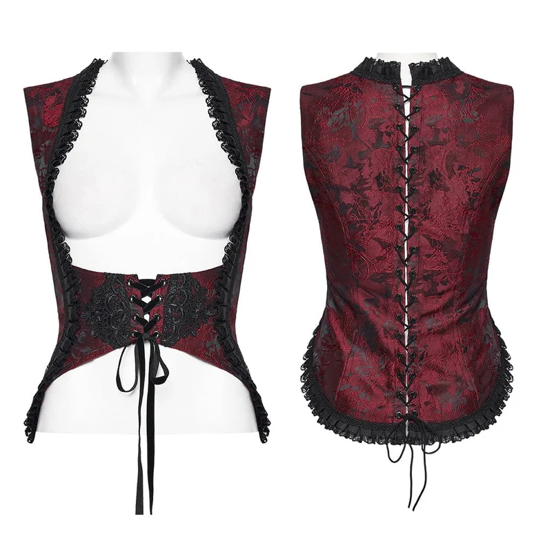 Gothic-bestickte Jacquard-Schnürweste für Damen, Schwarz-Rot