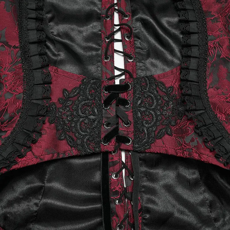 Gothic-bestickte Jacquard-Schnürweste für Damen, Schwarz-Rot