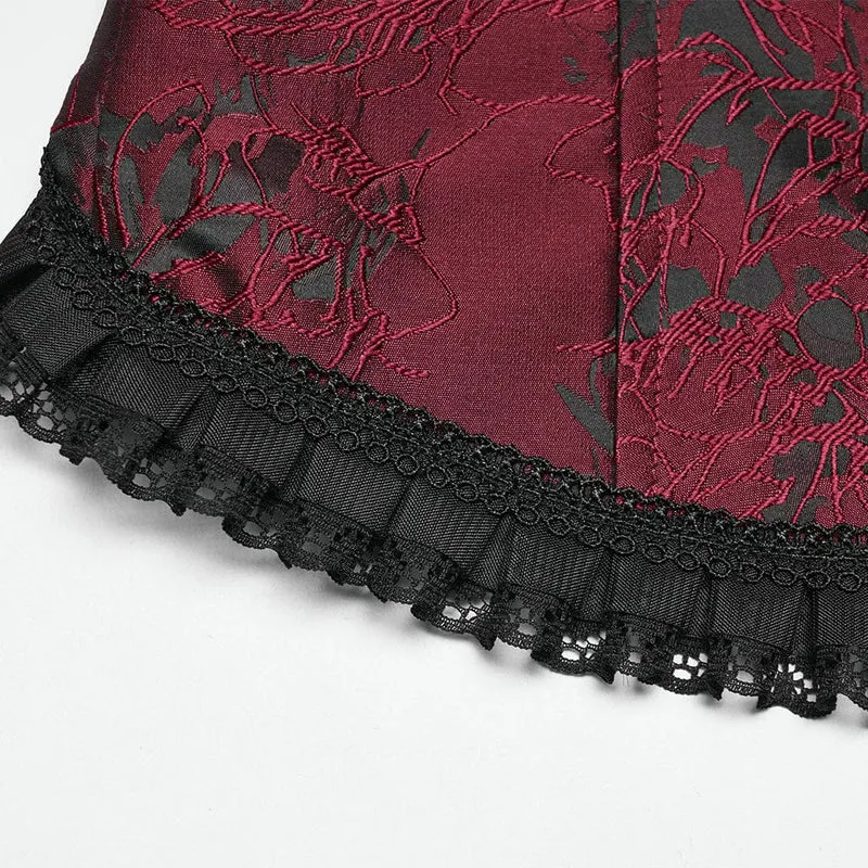 Gothic-bestickte Jacquard-Schnürweste für Damen, Schwarz-Rot