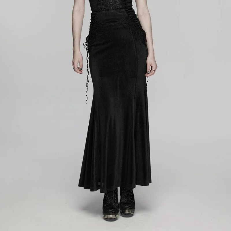 Schwarzer, langer Gothic-Rock für Damen mit Schnürung
