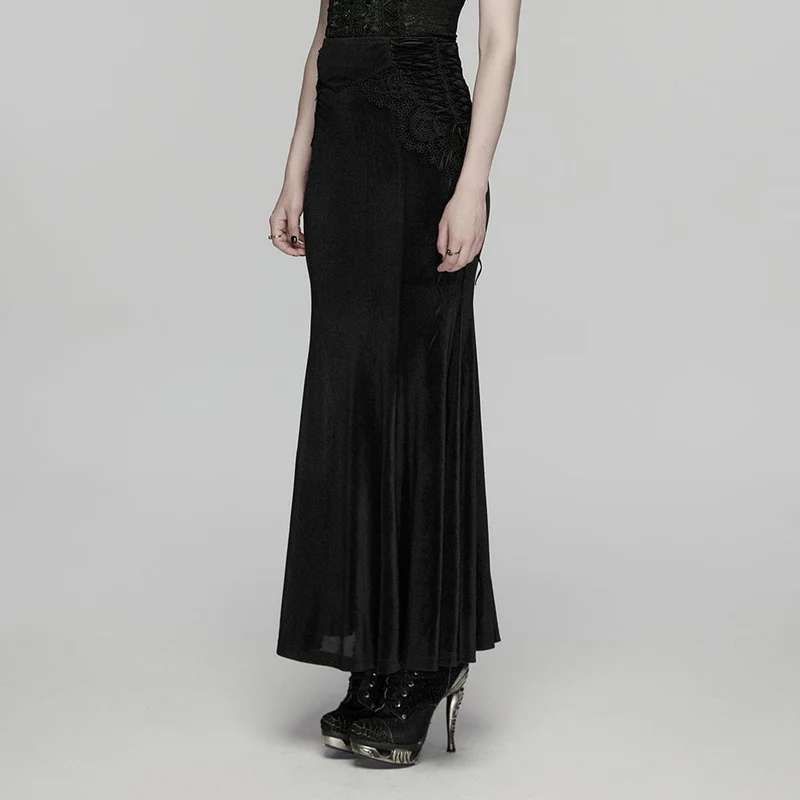 Schwarzer, langer Gothic-Rock für Damen mit Schnürung