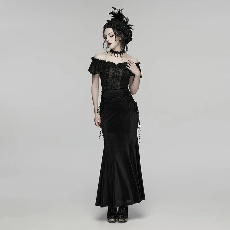 Schwarzer, langer Gothic-Rock für Damen mit Schnürung