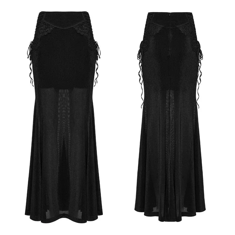 Schwarzer, langer Gothic-Rock für Damen mit Schnürung