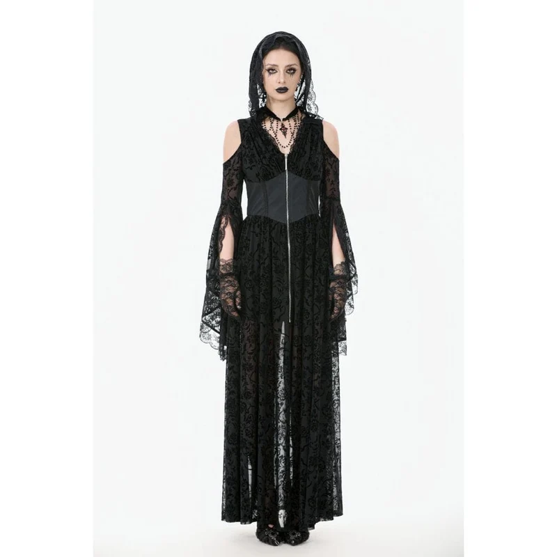 Gothic-Maxikleid mit schulterfreiem, ausgestelltem Ärmel und Kapuze für Damen, Schwarz