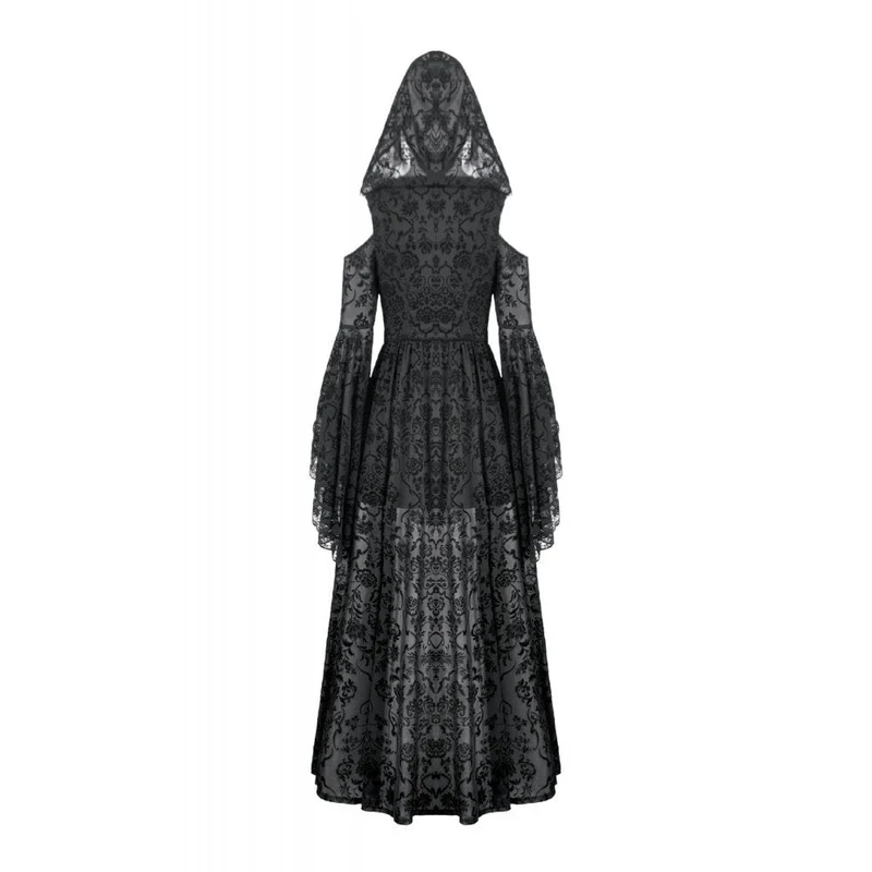 Gothic-Maxikleid mit schulterfreiem, ausgestelltem Ärmel und Kapuze für Damen, Schwarz