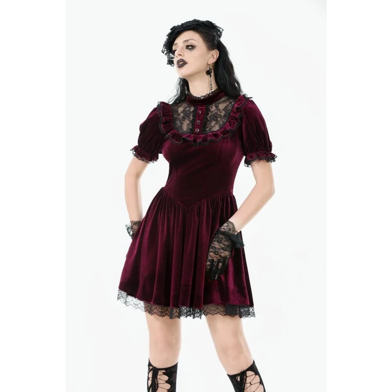 Gothic Lolita Damenkleid aus Samt mit Puffärmeln und Spitze, Abschlusskleid