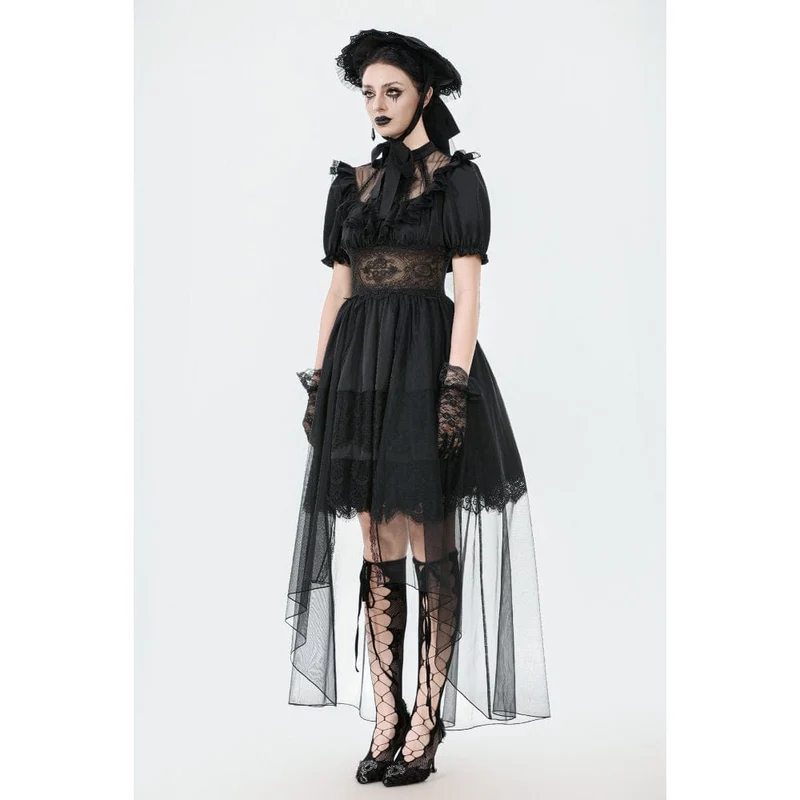 Gothic-Chiffonkleid für Damen mit Puffärmeln, asymmetrischem Saum und mehreren Lagen – Hochzeitskleid