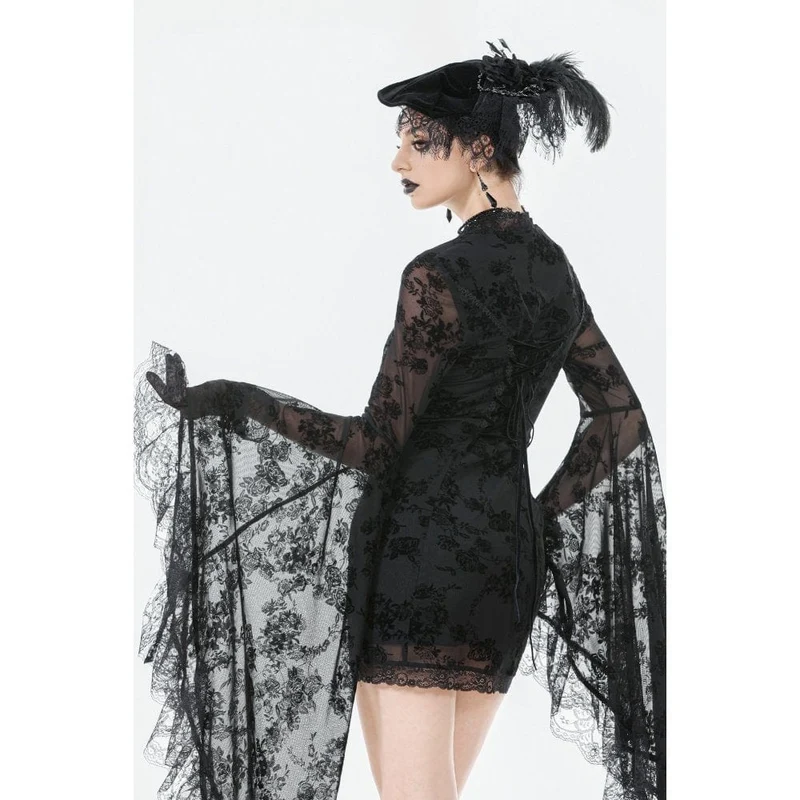 Gothic-Kleid mit besticktem Blumenmuster und quadratischem Kragen für Damen