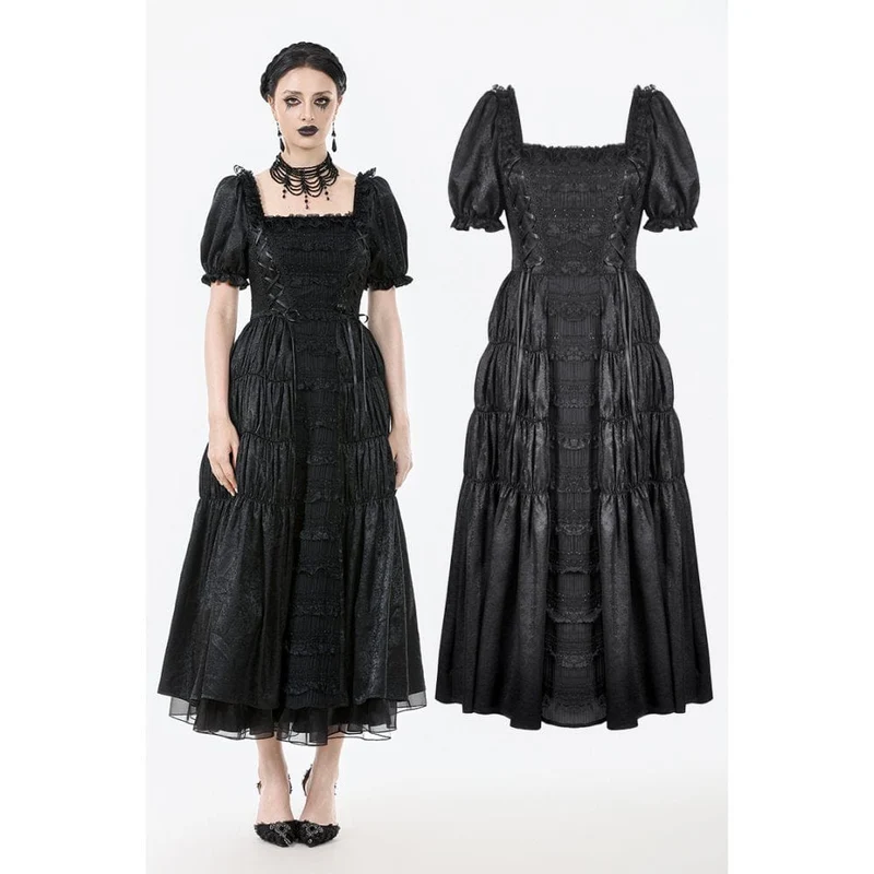 Gothic-Brautkleid für Damen mit gerafftem, eckigem Kragen, Puffärmeln und kurzen Ärmeln