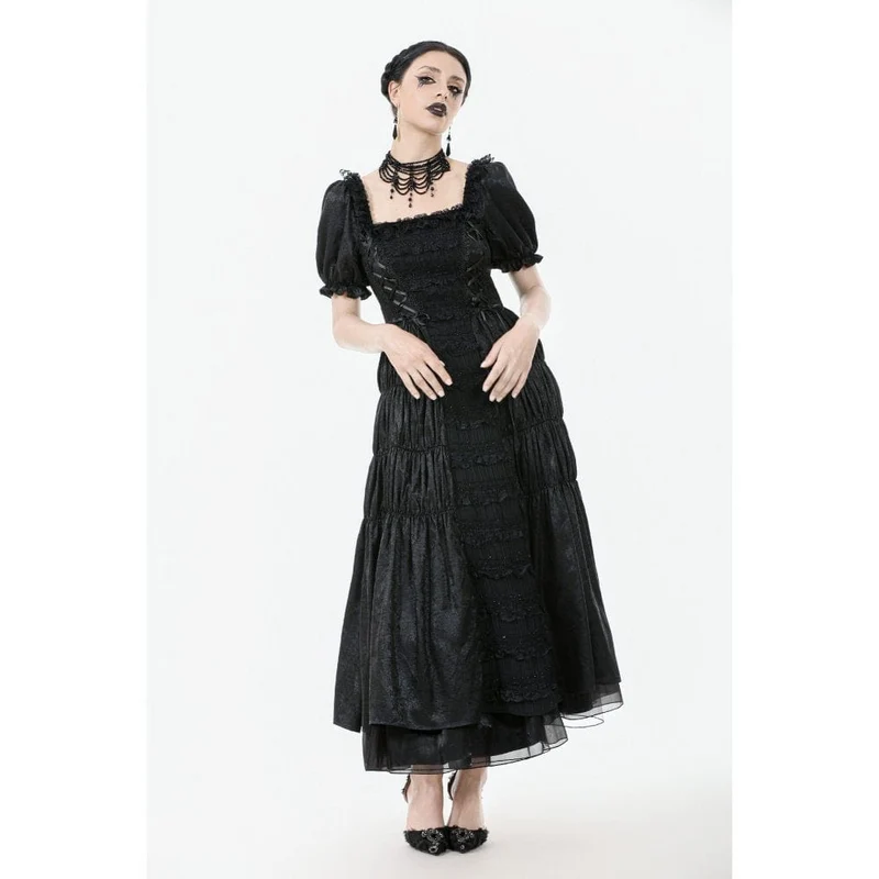 Gothic-Brautkleid für Damen mit gerafftem, eckigem Kragen, Puffärmeln und kurzen Ärmeln