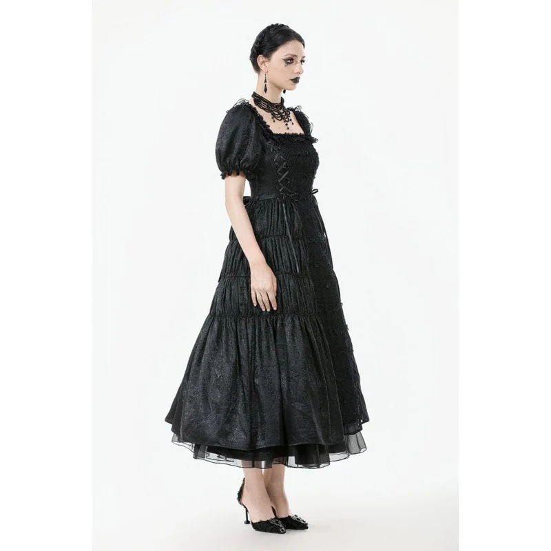 Gothic-Brautkleid für Damen mit gerafftem, eckigem Kragen, Puffärmeln und kurzen Ärmeln
