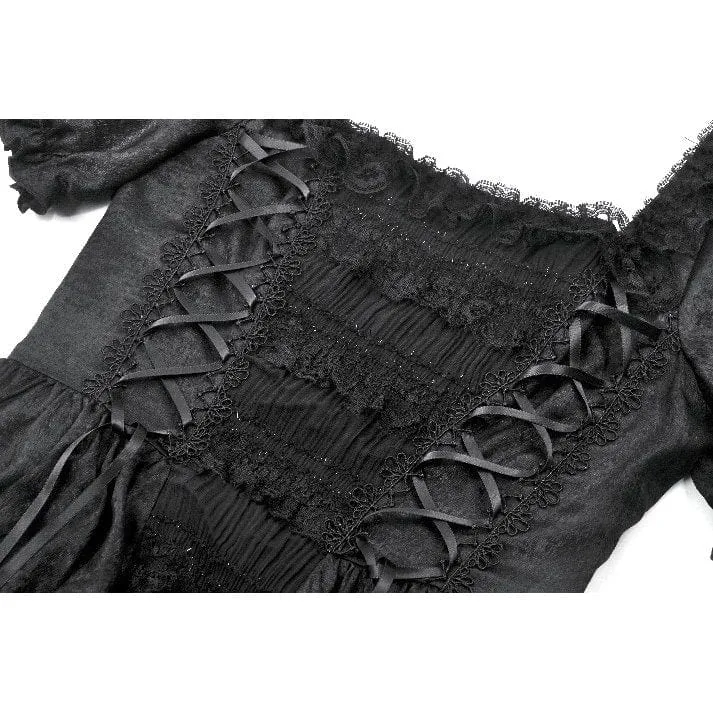 Gothic-Brautkleid für Damen mit gerafftem, eckigem Kragen, Puffärmeln und kurzen Ärmeln