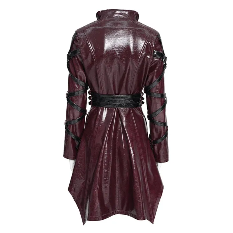 Punk-Jacke für Damen mit unregelmäßigen Ösen und Ringen, Umlegekragen, Schwarz-Rot