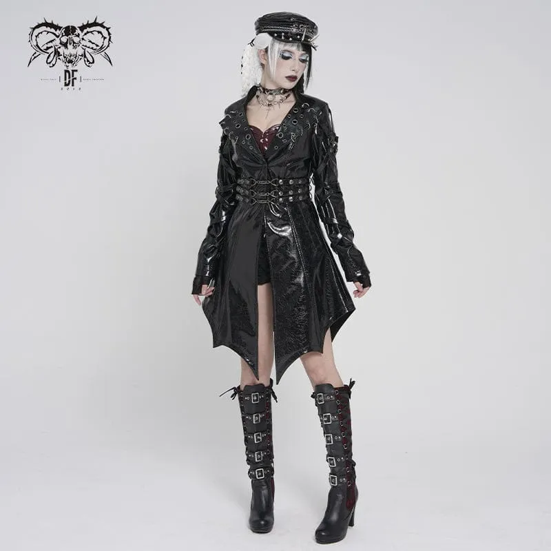 Schwarze Punk-Jacke für Damen mit unregelmäßigen Ösen und Ringen, Umlegekragen