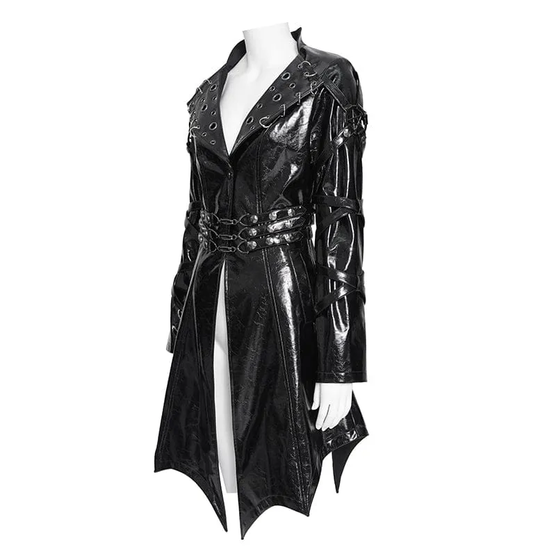 Schwarze Punk-Jacke für Damen mit unregelmäßigen Ösen und Ringen, Umlegekragen