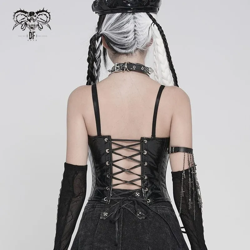 Schwarzes Punk-Korsett für Damen mit Nieten, Reißverschluss und Schnürung, über der Brust
