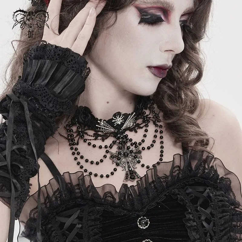 Gothic-Choker mit Spinnenkreuz und Perlen für Damen