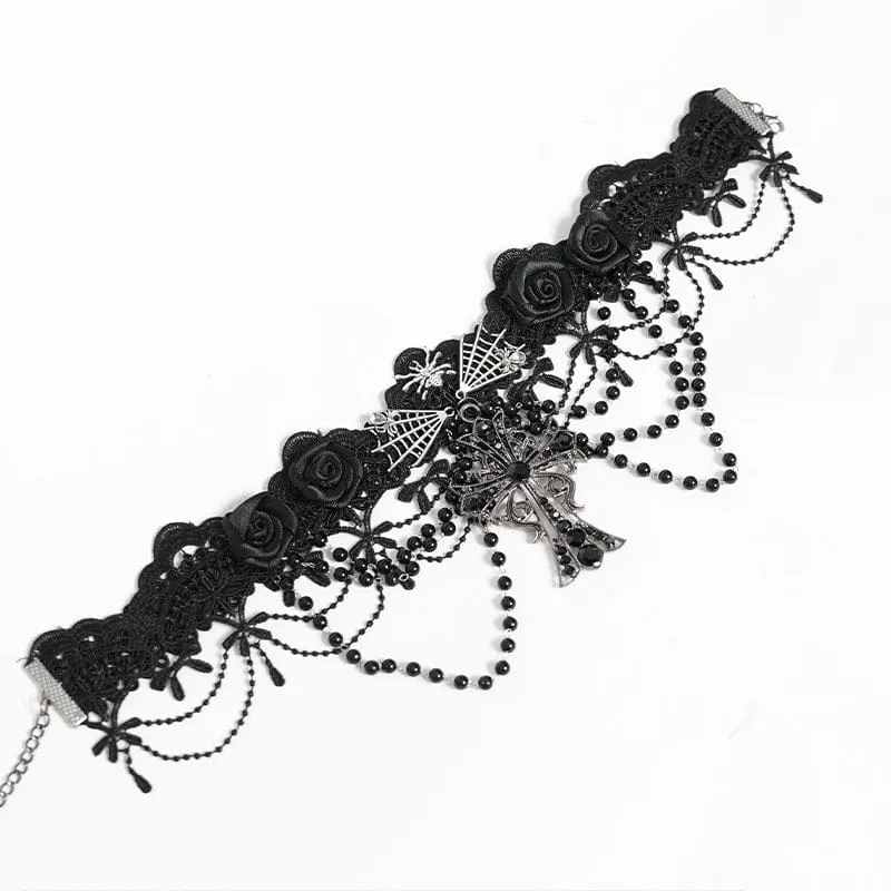 Gothic-Choker mit Spinnenkreuz und Perlen für Damen
