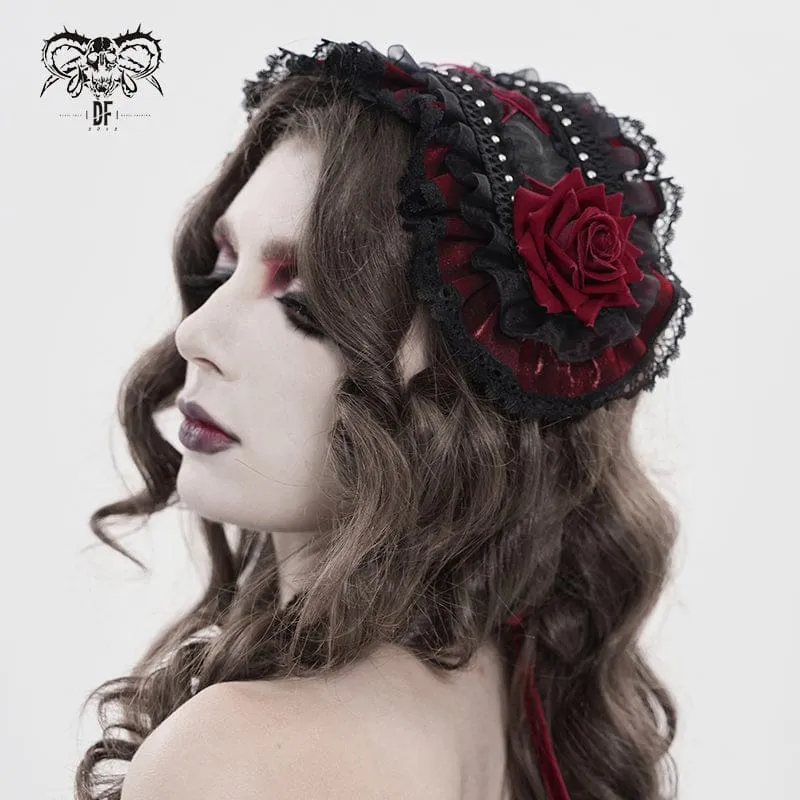 Gothic-Haarschmuck für Damen mit Rosenmuster, Rüschen und Spitze, Schwarz-Rot