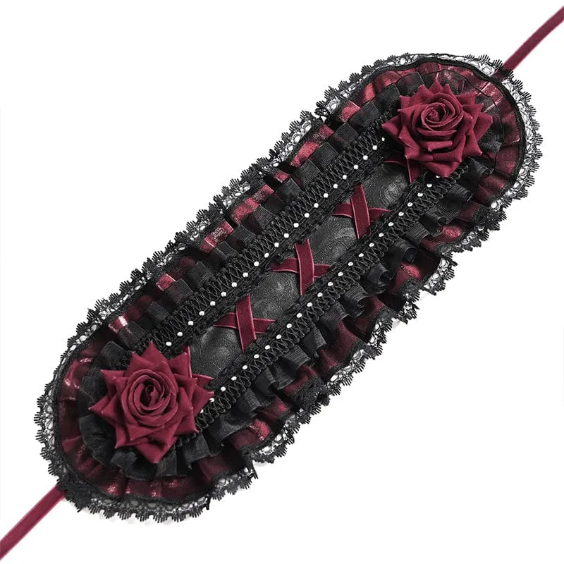 Gothic-Haarschmuck für Damen mit Rosenmuster, Rüschen und Spitze, Schwarz-Rot