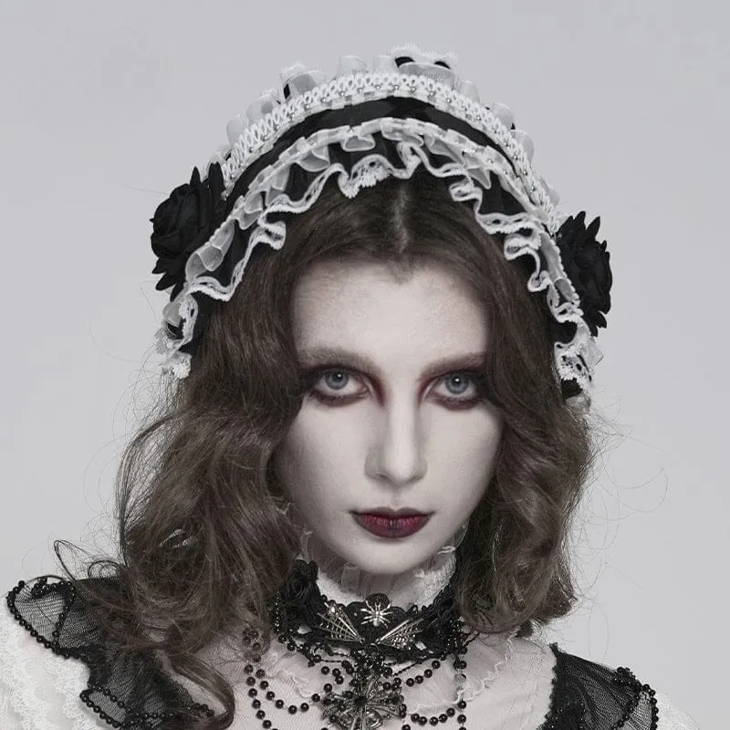 Gothic-Haarschmuck für Damen mit Rosenmuster, Rüschen und Spitze, Schwarz-Weiß