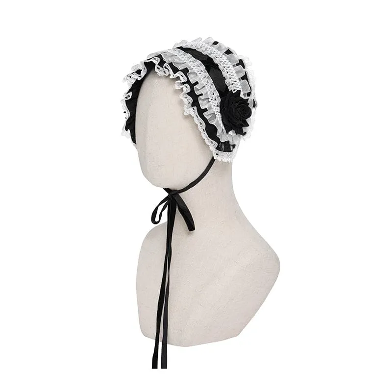 Gothic-Haarschmuck für Damen mit Rosenmuster, Rüschen und Spitze, Schwarz-Weiß