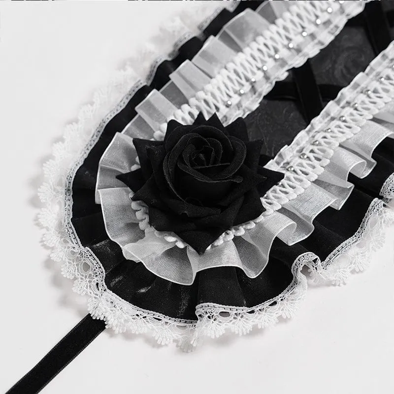 Gothic-Haarschmuck für Damen mit Rosenmuster, Rüschen und Spitze, Schwarz-Weiß