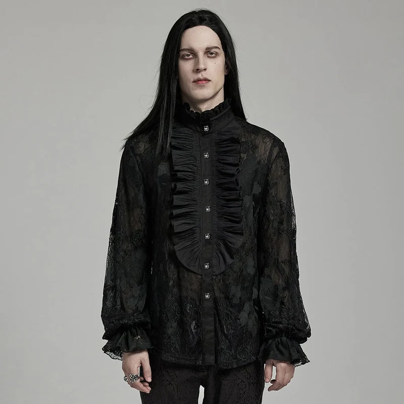 Herren-Gothic-Hemd mit Stehkragen und gerüschter Spitze