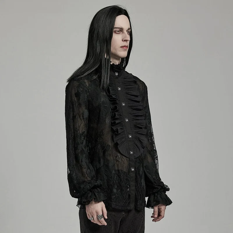 Herren-Gothic-Hemd mit Stehkragen und gerüschter Spitze