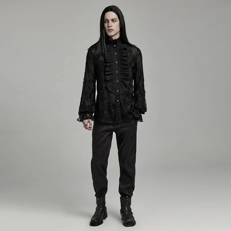 Herren-Gothic-Hemd mit Stehkragen und gerüschter Spitze