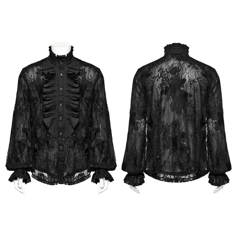 Herren-Gothic-Hemd mit Stehkragen und gerüschter Spitze