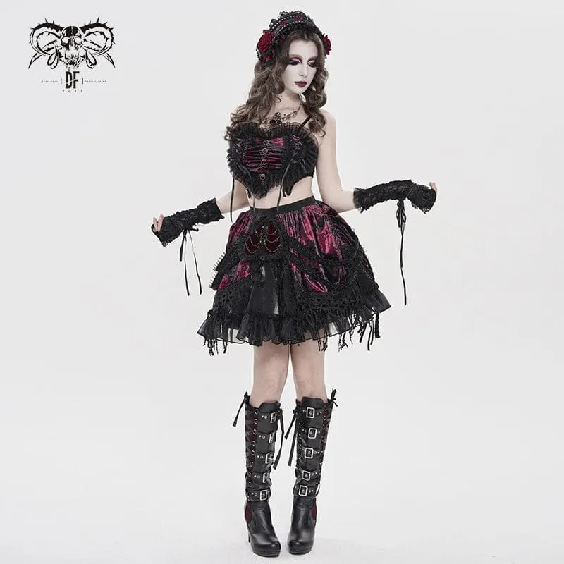 Gothic-Spitzenbustier für Damen, gerafft und mit Rüschen, schwarz-rot