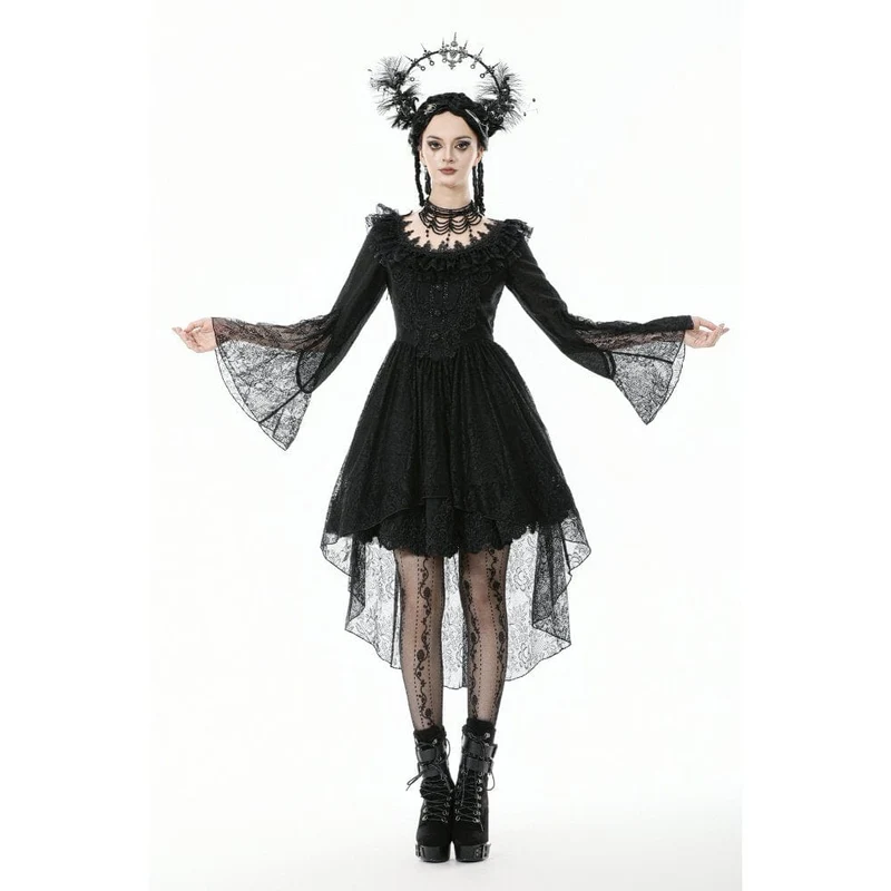 Gothic-Kleid mit Spitze, Rüschenkragen und ausgestellten Ärmeln für Damen