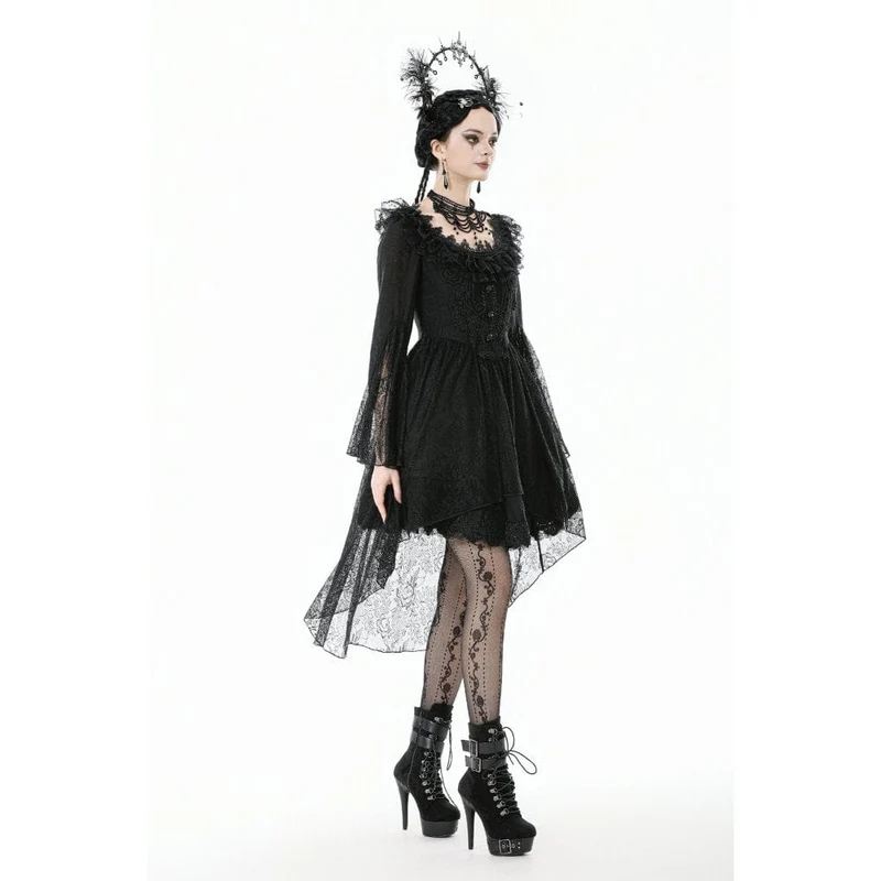 Gothic-Kleid mit Spitze, Rüschenkragen und ausgestellten Ärmeln für Damen