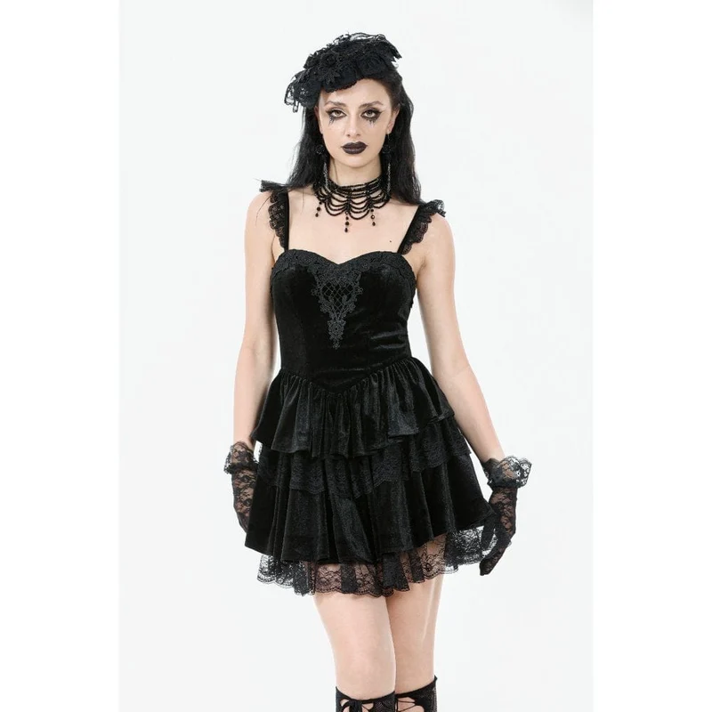 Gothic-Kleid für Damen, mehrlagig, aus Spitze und Samt, mit Blumenstickerei, Abschlusskleid