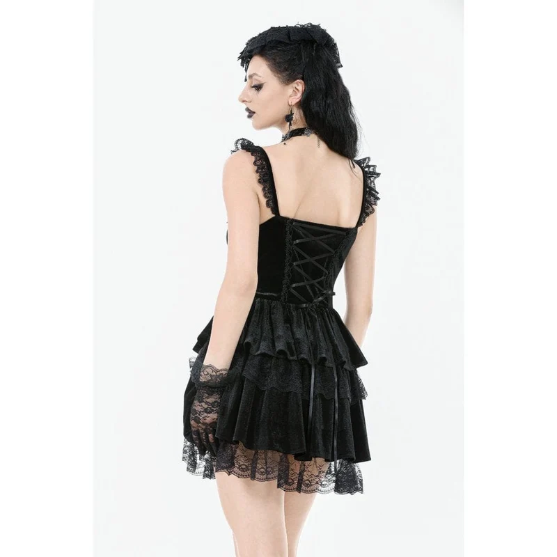Gothic-Kleid für Damen, mehrlagig, aus Spitze und Samt, mit Blumenstickerei, Abschlusskleid