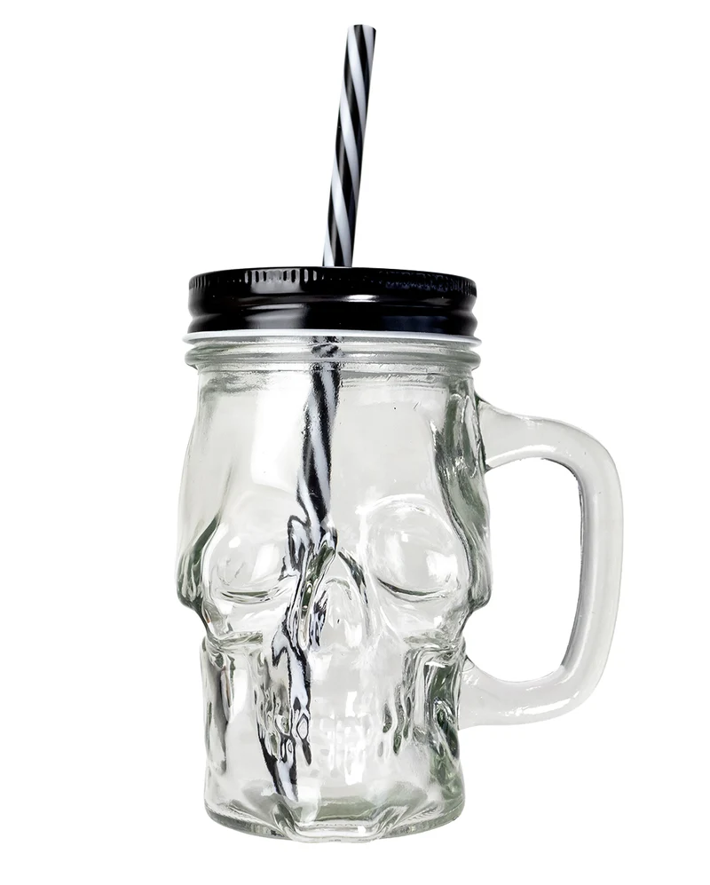 Totenschädel Trinkglas mit Deckel & Strohhalm