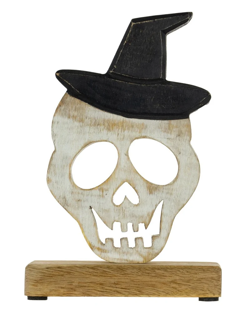 Urbaner Totenkopf mit Hexenhut aus Holz 23cm