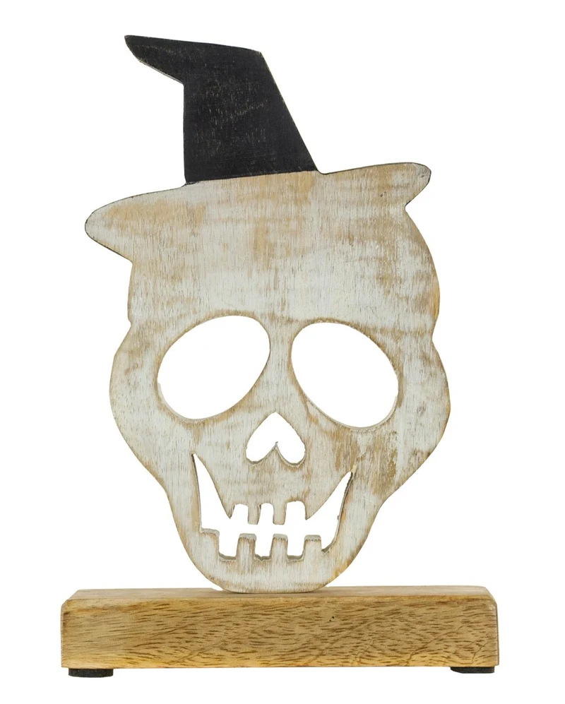 Urbaner Totenkopf mit Hexenhut aus Holz 23cm