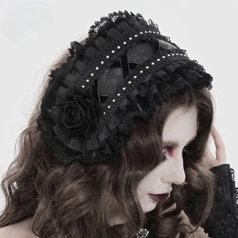 Gothic-Haarschmuck für Damen mit Rosenmuster, Spitze und Rüschen, Schwarz