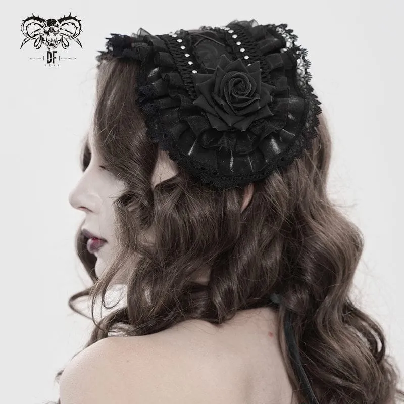 Gothic-Haarschmuck für Damen mit Rosenmuster, Spitze und Rüschen, Schwarz