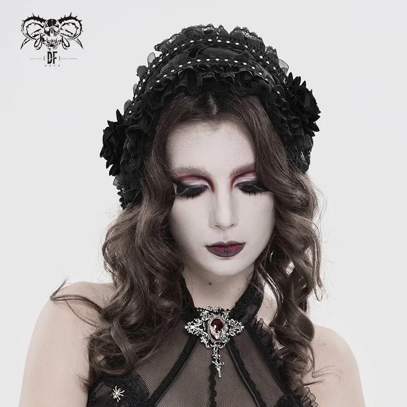 Gothic-Haarschmuck für Damen mit Rosenmuster, Spitze und Rüschen, Schwarz
